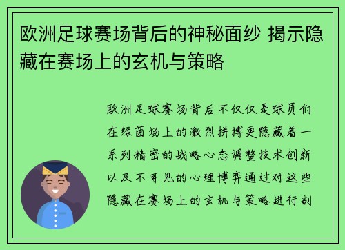 欧洲足球赛场背后的神秘面纱 揭示隐藏在赛场上的玄机与策略 欧洲足球赛场背后的神秘面纱 揭示隐藏在赛场上的玄机与策略