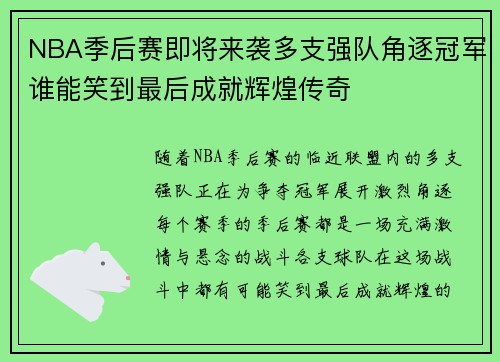NBA季后赛即将来袭多支强队角逐冠军谁能笑到最后成就辉煌传奇 NBA季后赛即将来袭多支强队角逐冠军谁能笑到最后成就辉煌传奇