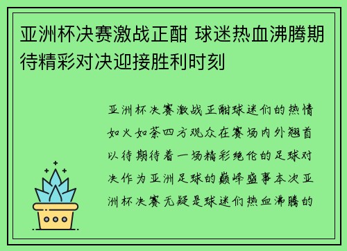 亚洲杯决赛激战正酣 球迷热血沸腾期待精彩对决迎接胜利时刻 亚洲杯决赛激战正酣 球迷热血沸腾期待精彩对决迎接胜利时刻