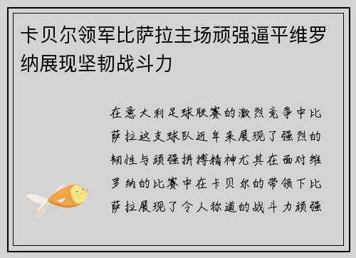 卡贝尔领军比萨拉主场顽强逼平维罗纳展现坚韧战斗力 卡贝尔领军比萨拉主场顽强逼平维罗纳展现坚韧战斗力