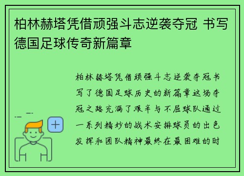 柏林赫塔凭借顽强斗志逆袭夺冠 书写德国足球传奇新篇章 柏林赫塔凭借顽强斗志逆袭夺冠 书写德国足球传奇新篇章