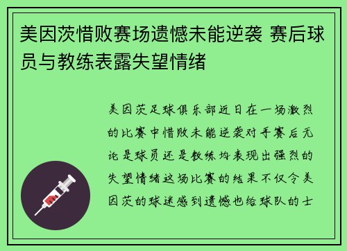 美因茨惜败赛场遗憾未能逆袭 赛后球员与教练表露失望情绪 美因茨惜败赛场遗憾未能逆袭 赛后球员与教练表露失望情绪