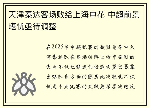 天津泰达客场败给上海申花 中超前景堪忧亟待调整
